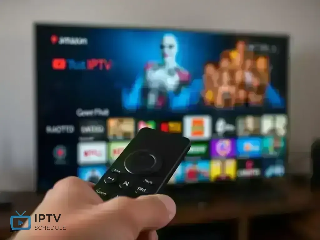 Amazon Fire TV remote control pointing to IPTV app interface